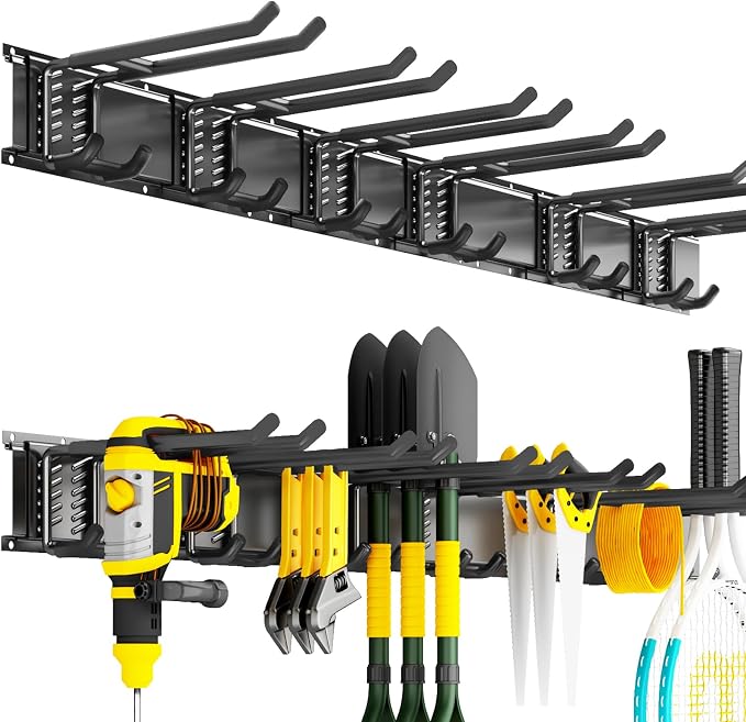 Garage Tool Organizer Wall Mount, 48inch Heavy Duty Garden Tool organizer Storage System, Easy Install With 6 Adjustable Bilayer Hooks, For Garage, Basement, Shed, Workshop(Black) by CRXCRC