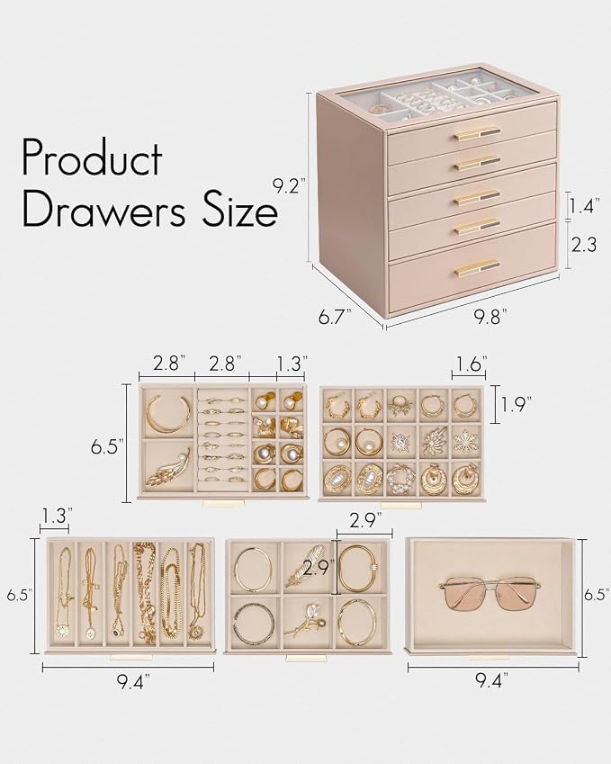 VLANDO 5 Layer Jewelry Box for Women, Glass Lid Jewelry Organizer with 5 Drawers for Necklaces Rings Earrings Bracelets - Toffee - Image 3