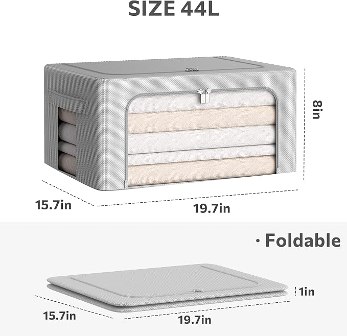CYhom 3Pack Frame Storage Box - Clothes Storage Bin Bags Oxford Fabric Foldable Stackable Container Organizer Set with Clear Window & Carry Handles (Grey, Medium-44L) - Image 4