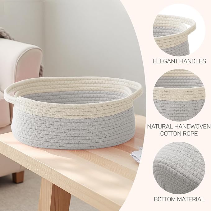 JMvicyroam Woven Basket,Small Rope Storage Bin with Handles & Ribbon Bag, Organizer for Shelves Closets,Gift Basket Empty for Birthday,Books,Dog Toys, White&Grey - Image 3