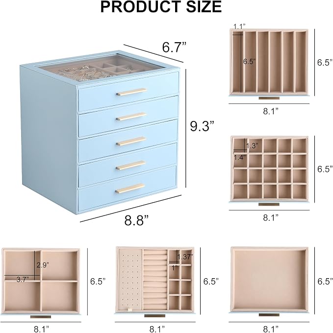 Frebeauty Clear Lid Jewelry Box,5-Layer Jewelry Organizer with Drawer,PU Leather Jewelry Organizers and Storage,Jewelry Boxes for Women,Jewelry Storage for Rings Earring Stud,Gift for Women(Sky Blue) - Image 3
