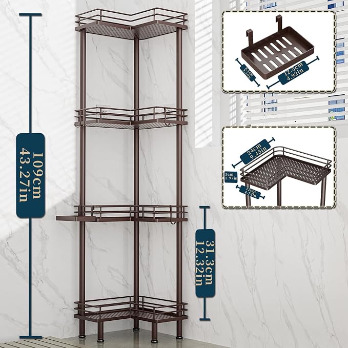 Consumest Corner Shower Caddy Standing - 4-Tier Stainless Steel Shower Organizer with Soap Holder and 4 Hooks, Large Capacity Corner Shelf Stand for Bathroom, Rest Room, Bronze - Image 5
