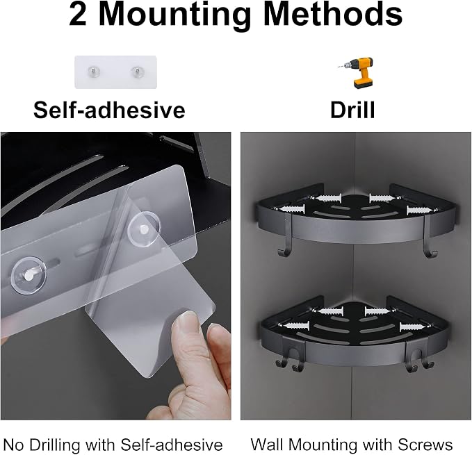 DUFU Adhesive Corner Shower Caddy with Hooks,Bathroom Shower Organizer, No Drilling Rust Proof Aluminum Shower Shelf for Inside Shower 2 Pack (Black) - Image 4