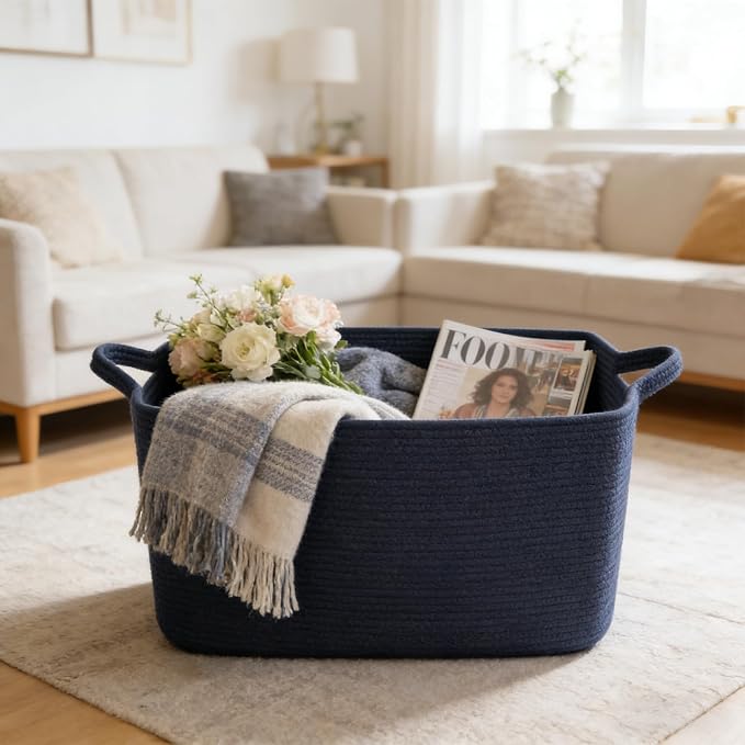 Large Blanket Basket,Woven Rope Basket Storage Bin with Handles,65L Rectangle Laundry Basket for Magazines,Toys,Clothes,Newspaper Shelf Organization,Nursery and Living Room,Navy - Image 4