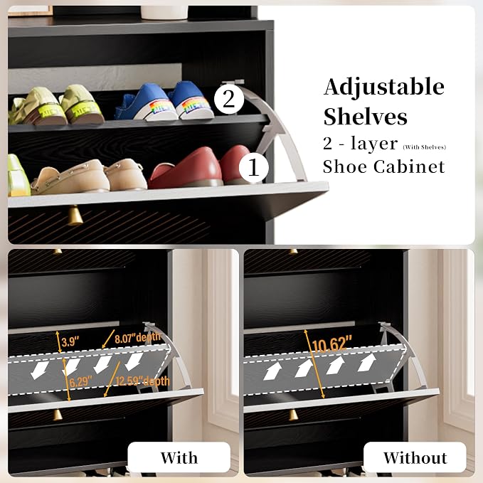 Fsbecl Shoe Cabinet for Entryway with 2 Flip Drawers & Coat Rack, Narrow Hidden Shoe Storage Cabinet with Fluted Panel, 2-in-1 Hall Tree Slim Freestanding Shoe Rack Organizer for Hallway, Black - Image 5