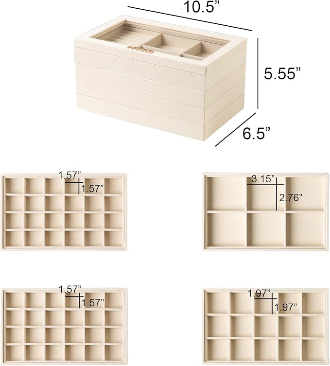 Frebeauty Earring Holder Stackable Jewelry Trays,Velvet Drawer Jewelry Organizer with Glass Lid, 5 in 1 Jewelry Box for Earrings Rings Studs,10.5 x 6.5 x 5.55 Inches Gift for Women (Beige) - Image 3