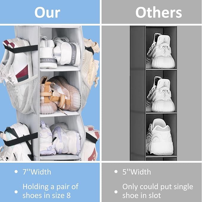 SLEEPING LAMB 8 Shelves Hanging Shoe Rack Hanger, Narrow Hanging Shoe Organizer for Closet Storage Clothes, Gloves, Bags, with 8 Large Mesh Pockets to Hold 16 Pairs Shoes in Dorm, Grey - Image 3