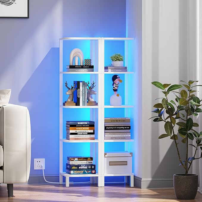TUTOTAK Corner Shelf with LED Light, 5-Tier Corner Bookshelf for Small Space, Narrow Display Corner Shelf Stand with Storage Rack, for Living Room, Bedroom, White BS08BW005L - Image 7