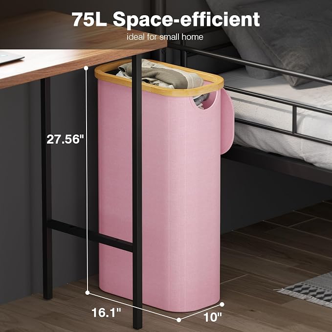 Bathola 75L Slim Laundry Hamper with Lid, Dirty Clothes Hampers for Laundry, Collapsible Laundry Baskets for Small Spaces, Bedroom, Bathroom, Laundry Room, Pink - Image 2