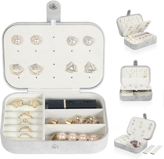 Hatori Travel Jewelry Box, PU Leather Small Jewelry Organizer for Women Girls, Portable Mini Travel Case Display Storage Holder Boxes for Stud Earrings, Rings, Necklaces, Bracelets (Grey) - Image 7