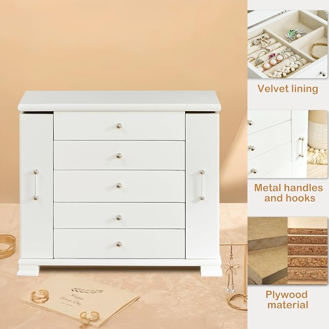 White 5 Layer Huge Jewelry Box,Top With Mirror Wooden Jewelry Organizer Box,With 8 Hook And Velvet Lining Antique Jewelry Box For Women,For Watch Necklace Ring Earring Storage Gifts - Image 7