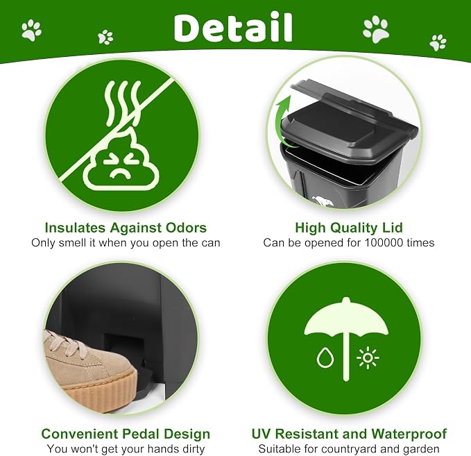 Dog Poop Trash Can Outside with Pooper Scooper and Metal Rake & Tray, 20L/5Gal Dog Waste Trash Can with Lid, Pedal and Removable Inner Waste Bin, Pet Poop Bin with 100 Bags - Image 3