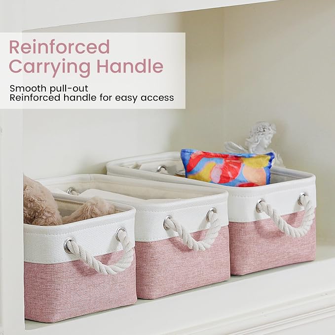 Storage Baskets for Shelves 11.8x7.9x5.2 Inch, Foldable Fabric Storage Bins with Handles, Small Storage Baskets for Organizing Closet, Office, Home Organization (6-Pack, White&Pink) - Image 3