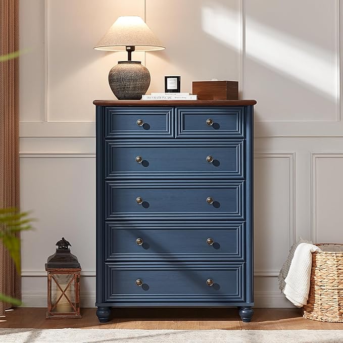 RWYHG Farmhouse 6 Drawer Dresser, Blue Chest of Drawers, 43.5" Tall Dressers for Bedroom with Roman Column and Metal Handles, Rustic Wood Storage Organizer for Living Room, Hallway, Closet