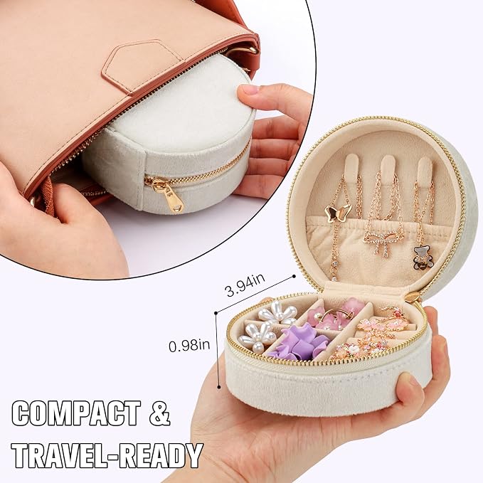 DesignSter Travel Jewelry Box - Velvet Mini Jewelry Organizer, Small Jewelry Case for Girls Women, Jewelry Storage Box for Rings Earrings Necklace (Circular, Cream Beige) - Image 2