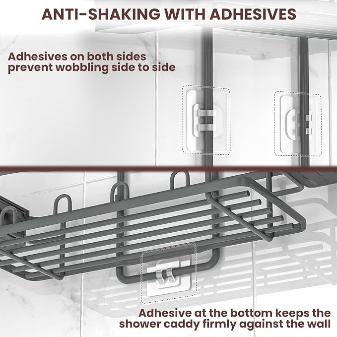 REINHARDT Shower Caddy Hanging, Rustproof Bathroom Caddy Anti-Swing Shower Organizer No Drilling Bath Racks with Soap Holder Multi Hooks Bathroom Storage for Shampoo Sponge, Grey - Image 7