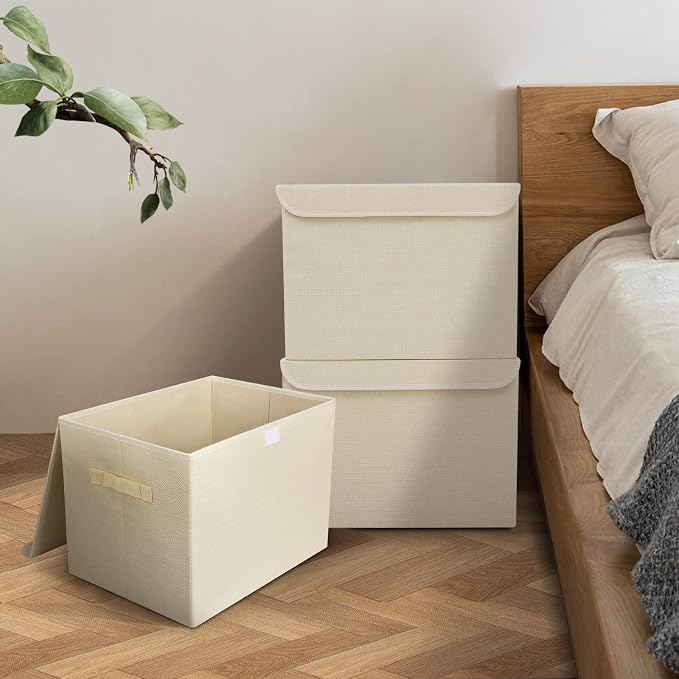 Bagnizer Large 42 Quarts Collapsible Stackable Storage Bins Cube with Lids [3-Pack] Foldable Fabric Linen Storage Boxes, Closet Organizer Baskets with Label for Home (16.7 x 12 x 12, Beige) - Image 8