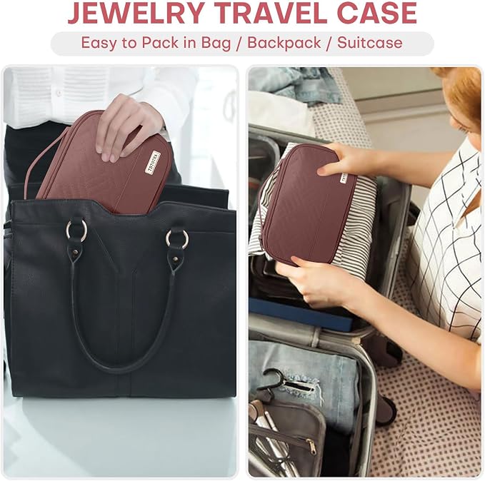 Jewelry Travel Case Organizer for Necklaces, Earrings, Rings, Bracelet, Watch, Soft Sided, Red Sandalwood - Image 6