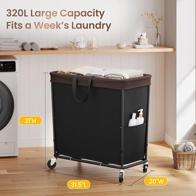 320L Laundry Basket with Wheels, 3-Section Rolling Hamper for Laundry, Extra Large Laundry Hamper with Wheels, Clothes Hamper Rolling Laundry Basket for Home, Bathrooms and Dorm(Black) - Image 2