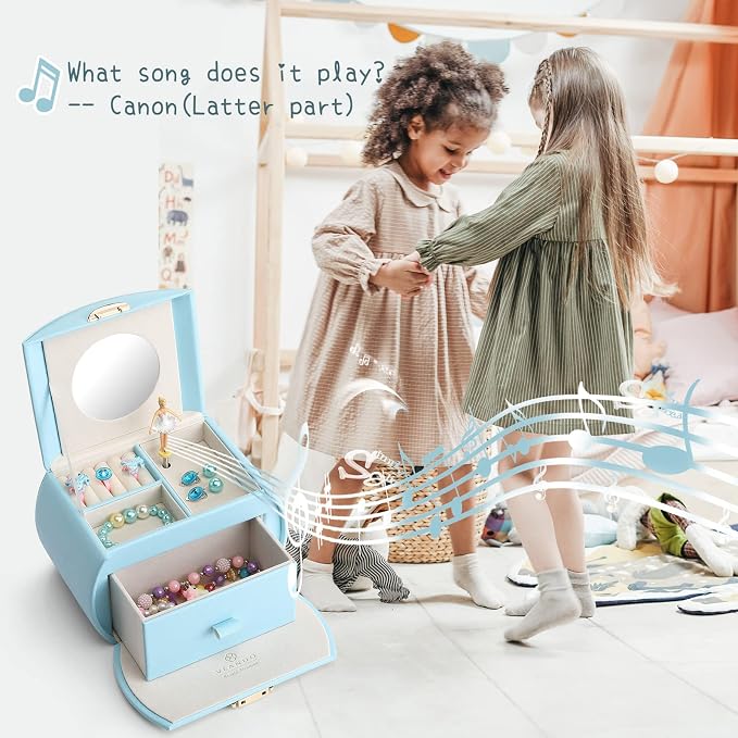 Vlando Kids Musical Jewelry Box for Girls with Drawer, Music Box with Ballerina and Stickers for Birthday Bedroom Decor, Gifts for Girls Kids Christmas Thanksgiving Gifts 2023 - Blue - Image 7