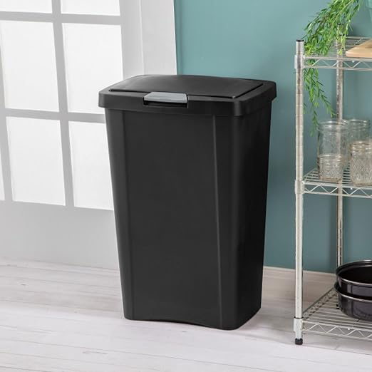 Sterilite 13 Gallon TouchTop Narrow Plastic Wastebasket with Secure Titanium Latch for Kitchen, Bathroom, and Office Use, Black (8 Pack) - Image 5