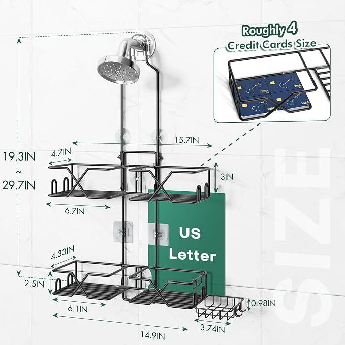Sewulidon Stainless Steel Hanging Shower Caddy for Handheld Shower Heads,Adjustable Height Extra Long Bathroom Shower Organizer Hanger Rack with Hooks,Soap Holder - Image 4