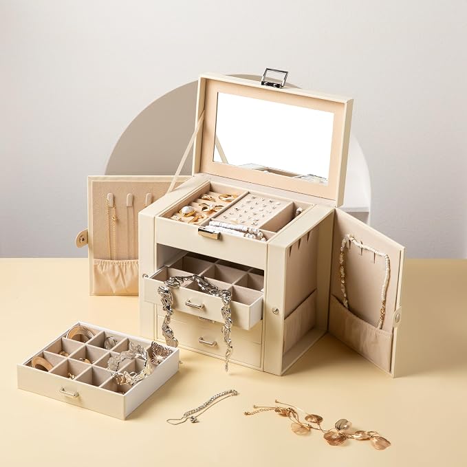 Frebeauty 5-layer Jewelry Box,Faux Leather Jewelry Organizer with 4 Drawers,Jewelry Organizers and Storage with Mirror,Jewelry Holder Organizer for Necklace,Jewerly Boxes for Women Girls(Beige) - Image 6