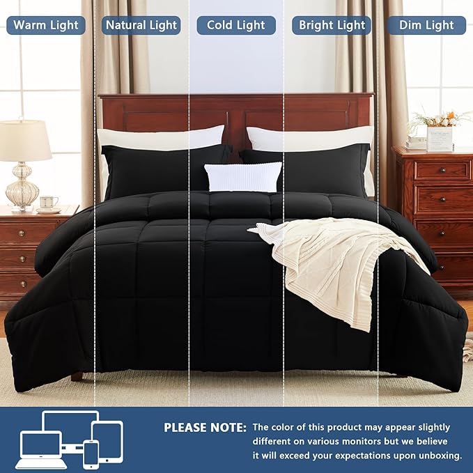 CozyLux Twin/Twin XL Comforter Set Black - 2 Pieces Box Stitched Twin Bed Set for Teen Boys and Girls with All Season, Soft Lightweight Bedding Sets with 1 Down Alternative Comforter and 1 Pillow Sham