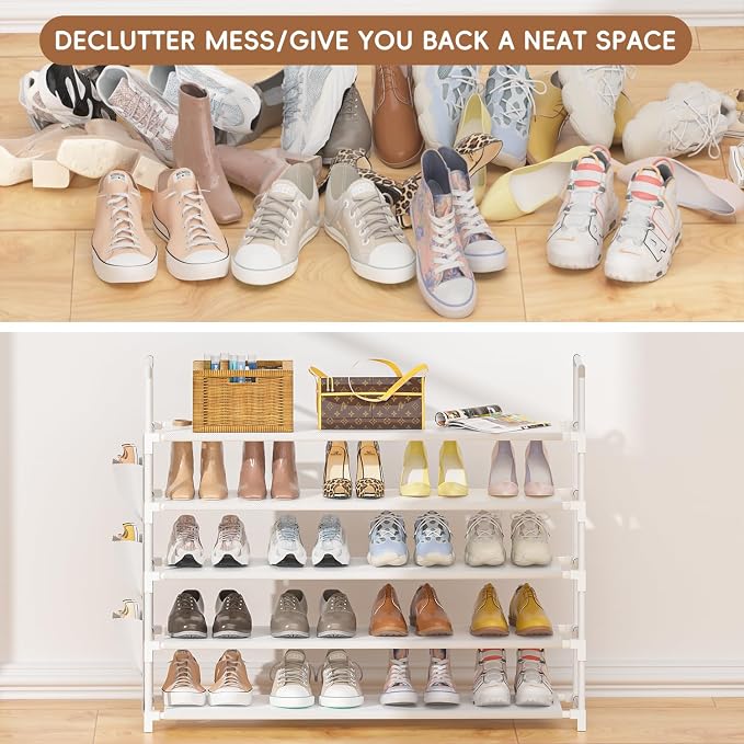 OYREL 5 Tier Shoe Organizer, 33.3in Wide x 11.2in Deep x 35.6in Tall, Black Metal and Plastic Shoe Rack with Side Bag, Holds 20-25 Pairs of Shoes - Image 6