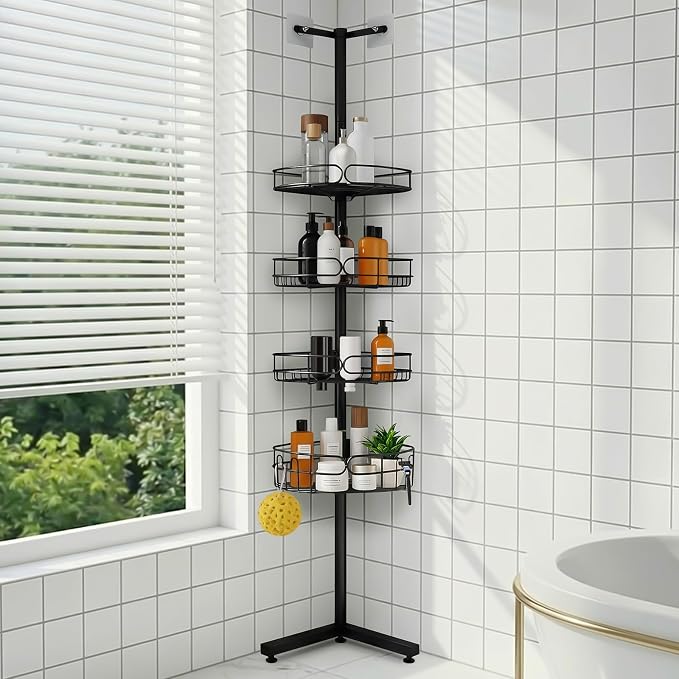 Standing Shower Caddy Corner, 4-Tier Adjustable Height Bathroom Organizer, 6-Section Pole, Sturdy Floor Standing Shelf for Shower or Bathtub – No Drilling, No Spring Tension by Unknown
