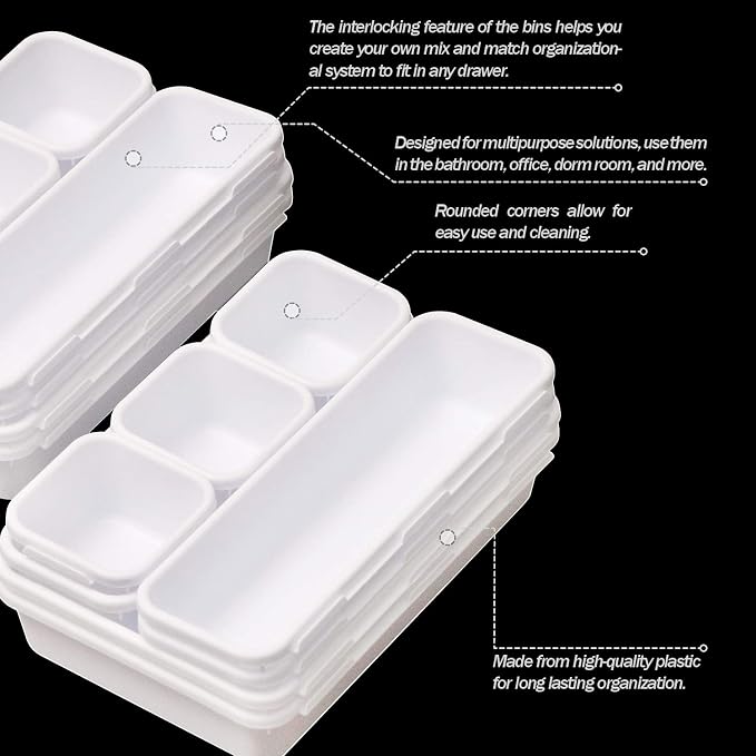 TENABORT 42 Pack Interlocking Desk Drawer Organizer Tray Dividers Plastic Shallow Narrow Drawers Organizers Separators Storage Bins Container for Kitchen Bathroom Makeup Office Vanity Dresser White - Image 3