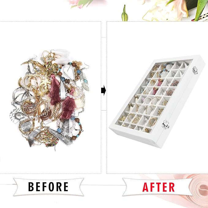 Siveit Velvet Jewelry Tray 48 Grid Jewelry Display Tray Organizer Box with Transparent Lid Rings Earrings Necklaces Pendants Display Box Suitable for Women and Girls (Ivory) - Image 5