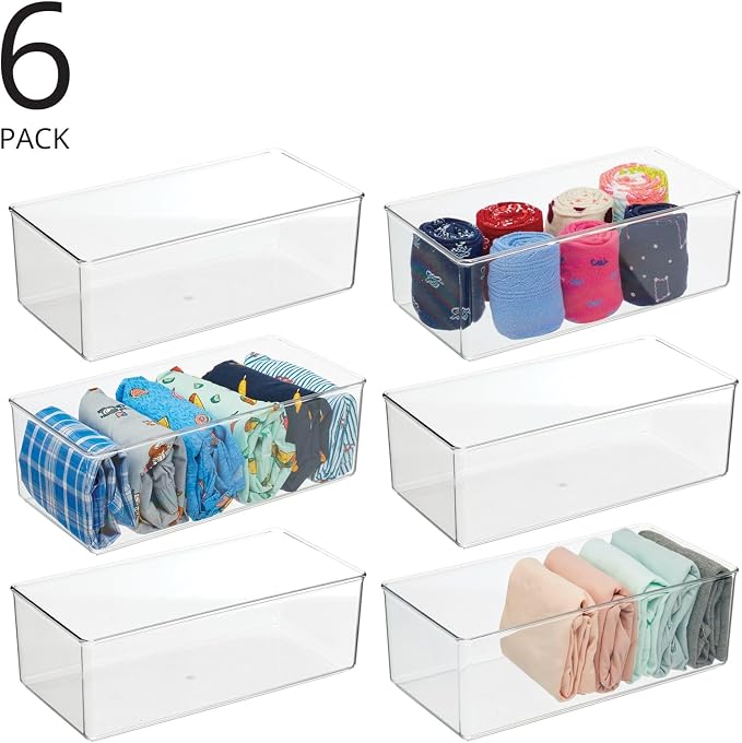 mDesign Long Plastic Drawer Organizer Box, Storage Organizer Bin Container; For Closets, Bedrooms, Use for Leggings, Socks, Ties, Jewelry, Accessories - Lumiere Collection - 6 Pack - Clear - Image 2