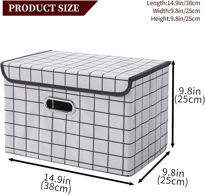 STOREONE Fabric Storage Cube Bins Foldable Organizer Container Collapsible Basket with Lids and Metal Handles, for Home, Bedroom, Closet 3 Pcs (White grid) - Image 2