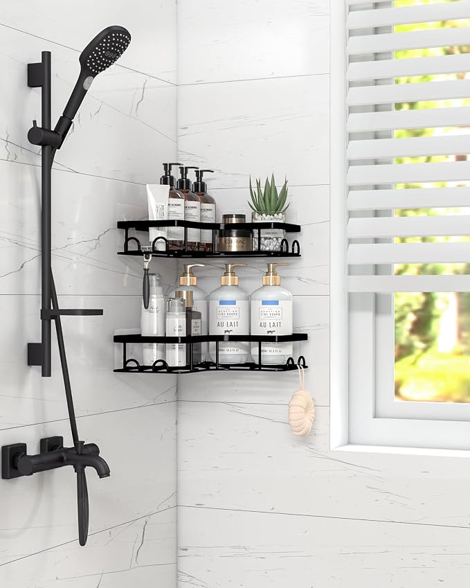 Sakugi Corner Shower Caddy - 2 Pack, Adhesive Shower Organizers, Rustproof Stainless Steel Shower Shelves with 8 Hooks, No Drilling Bathroom Organizers and Storage Racks, Space-Saving, Black, Medium - Image 2