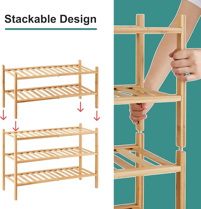 viewcare 5-Tier Bamboo Shoe Rack for Entryway, Stackable | Foldable | Natural, Shoe Organizer for Hallway Closet, Standing Shoe Racks for Indoor Outdoor - Image 5