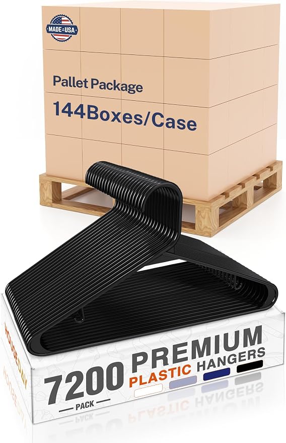 HOUSE DAY Made in USA 7200 Pack 16 Inch Plastic Hangers Bulk, Pallet Package for Business, Commercial Hangers for Retail Store, Hotel, Laundry - Smooth & Non-Slip Design, 6 lb Weight Capacity (Black) by HOUSEDAY