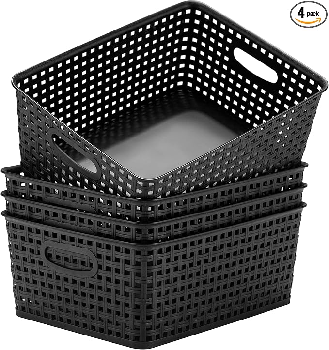 Eslite Plastic Storage Baskets for Organizing,11"X8.5"X4.7",Pack of 4 (Black) by Eslite