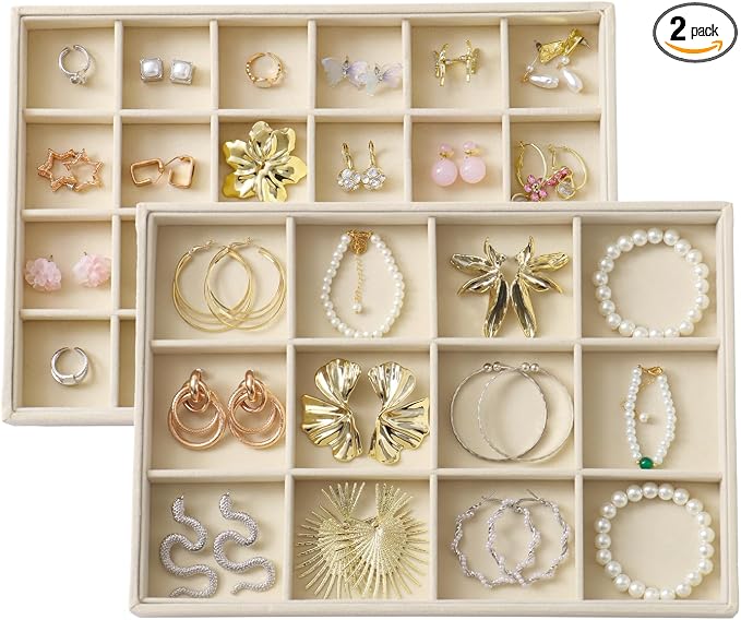 Large Velvet Jewelry Tray 2 Pack Stackable Jewelry Display Drawer Inserts Trays Organizer for Earring Bracelet Necklace Ring (Beige, 12 Grids+24 Grids) by Unknown