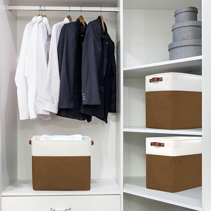 Bagnizer Large Fabric Storage Baskets | 50L Storage Bins, Decorative Linen Closet Baskets with Handles for Organizing, Shelf, Toys, Clothes, Home, Office, Nursery, 17x12x15Inches (Brown&White) - Image 2