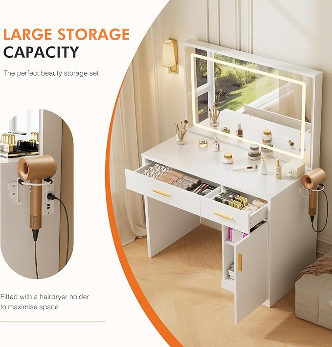 Sweetcrispy Vanity Desk with 35.4" LED Mirror and Lights, Makeup Vanity Table with Charging Station (2AC/USB/C), 2 Drawers & Large Cabinet, 3 Lighting Color Adjustable, Modern Dressing Table, White