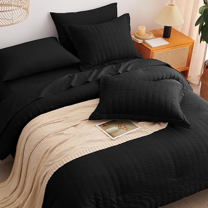 CozyLux King Size Comforter Set Black Seersucker 7 Pieces Bed in a Bag King Comforter Set with Sheets, Luxury Soft Bedding Sets with Down Alternative Comforter, Sheets, Pillowcases & Shams All Seasons