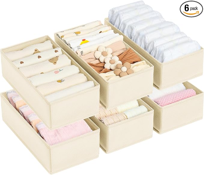 DIMJ Drawer Organizer Clothes - Underwear Organizer Small Sock Organizer Closet Organizers and Storage Box Dresser Drawer Dividers for Baby Clothes,Bra,Socks, Belt, Tie, Set of 6,Beige by DiMJ
