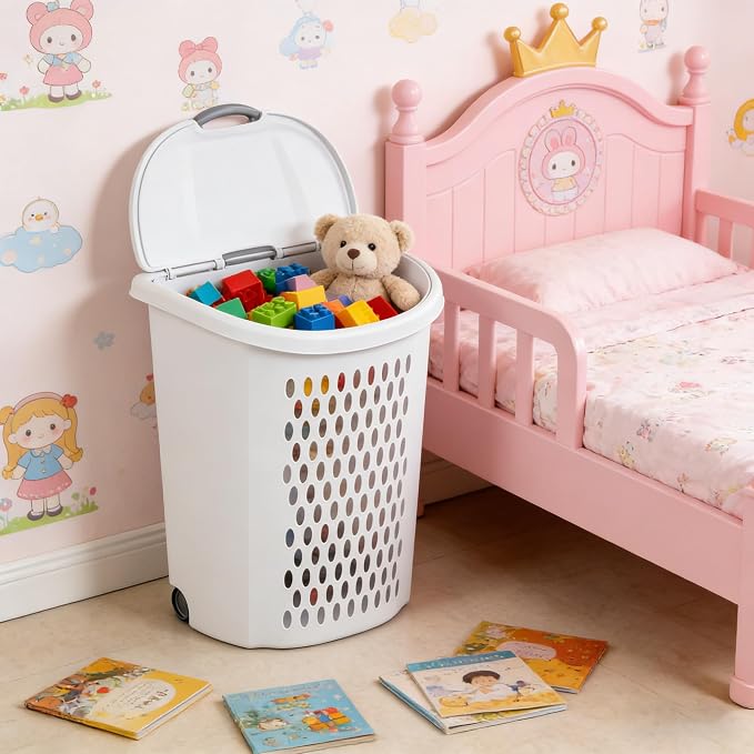 Wheeled Hamper, Plastic Laundry Hamper with Handle for Easy Transport, White - Image 8