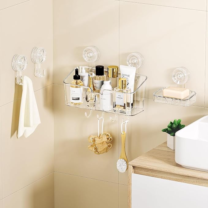 LUXEAR Suction Cup Shower Caddy Clear - Shower Caddy+Soap Dish+Suction Hooks - 1 Second Installation NO-Drilling Removable Powerful Waterproof Shower Organizer for inside Shower Bathroom - Image 8