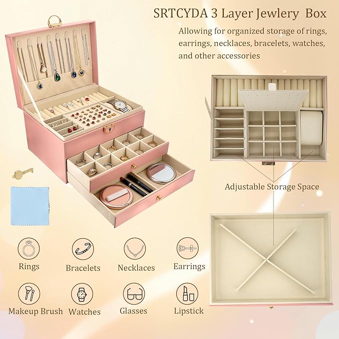 SRTCYDA Jewelry Box for Women, Large PU Leather jewelry organizers and storage, 3-Layer Jewelry Storage with 2 Drawers, Space-Saving Design for Vanity, Holds All Types of Jewelry (Pink) - Image 3