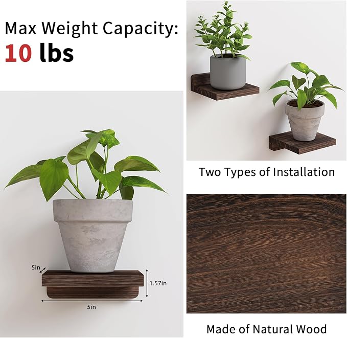 Fixwal Small Shelf for Wall, 5X5 Inches Floating Shelves Set of 4, Rustic Wood Small Wall Mounted Shelves for Bedroom, Living Room, Kitchen, Bathroom Decor (Dark Carbonized Black) - Image 4