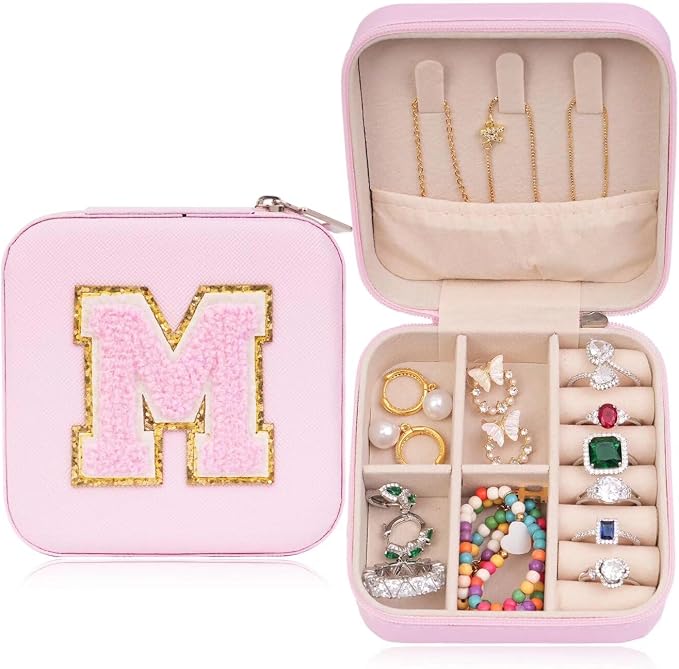 ETHOON Jewelry Travel Case Small Organizer Stocking Box Personalized Gifts Teenage Jewelry Accessories Holiday Wedding Christmas Gift for Women Pink, Letter M by ETHOON
