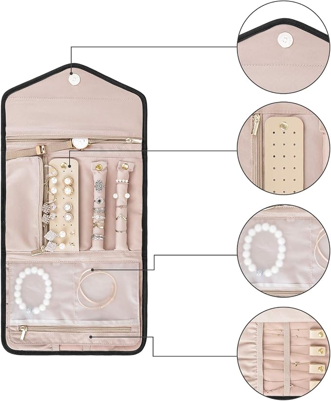 BAGSMART Travel Jewelry Organizer Roll Foldable Jewelry Case for Journey-Rings, Necklaces, Bracelets, Earrings, Black - Image 8