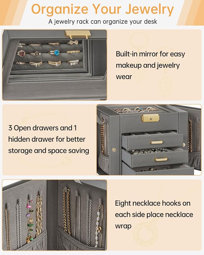 AKOZLIN 4-Tier Jewelry Box Leather Jewelry Storage Organizer with 3 Drawers Lockable for Women Girls Ring Necklace Earring Bracelet Holder with Mirror Dark Grey - Image 7